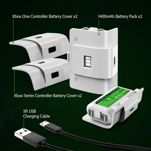 Vista 2 de 2 Pack Rechargeable Controller Battery Pack for Xbox OneXbox Series X S with 4 Battery Cover (White) Play and Charge Kit with Micro USB Charging