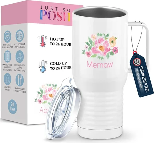Vista 15 de Just So Posh Abuela Flowers Tumbler, Vaso de Café de Viaje con Asa y Tapa Deslizante, Blanco 20 oz Polar Camel, Acero Inoxidable, Aislado al Vacío