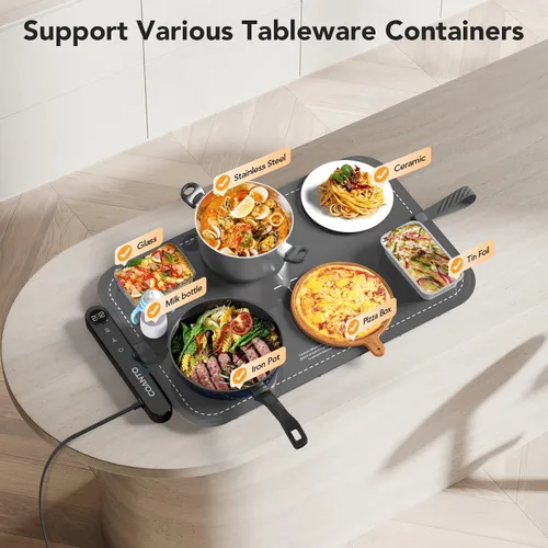 Vista 7 de Tapete de calentamiento para alimentos, bandeja de calentamiento impermeable para fiestas de buffets, calentador de alimentos con 7 ajustes de Gris