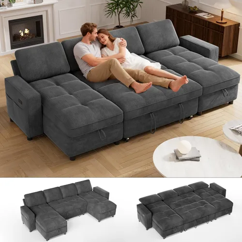 Vista 14 de Vipbear Sofá cama modular de 81 pulgadas con cama extraíble, sofá en forma de L con respaldo reclinable, diván de almacenamiento reversible, puertos