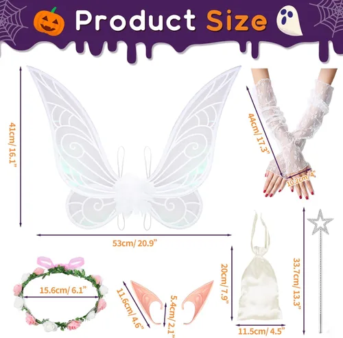 Vista 2 de MOVINPE Halloween Fairy Wings Elf Ears Fairy Wand Floral Headband Lace Sleeve Little Bag Dress Up Accessories for Women Girls
