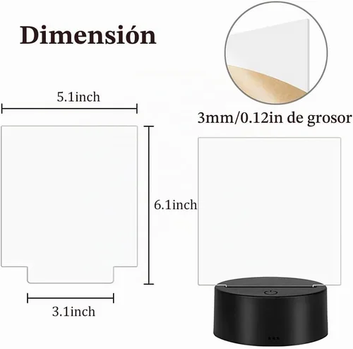 Vista 6 de Juego de 2 bases de lámpara LED de noche 3D con hoja acrílica cuadrada, base de gran tamaño incluye control remoto + cable USB, decoración de 16