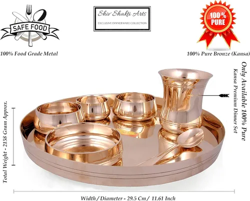 Vista 2 de Shiv Shakti Arts® Bronce Juego de vajilla Kansa Thali - 7 piezas, dorado - (Pure Kansa - Juego de cena de lujo premium)