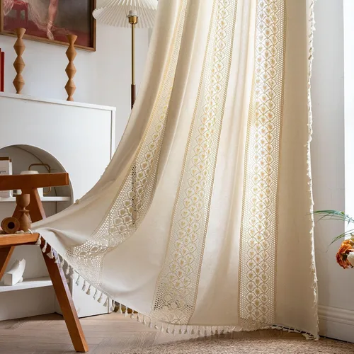 Vista 10 de Deeprove - Cortinas bohemias de 63 pulgadas de largo para dormitorio, rayas de lunares de punto hueco beige y patchwork de algodón y lino crema
