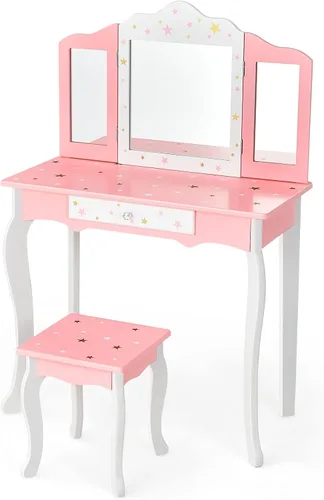 Vista 9 de HONEY JOY Juego de tocador para niños, mesa de maquillaje de madera estilo princesa con taburete y cajón, espejo de triple plegado, parte superior