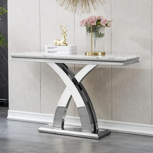 Vista 24 de Mesa auxiliar de mármol de 47 pulgadas, moderna mesa central de mármol sintético blanco con base de espejo dorado en forma de diamante, mesa Blanco