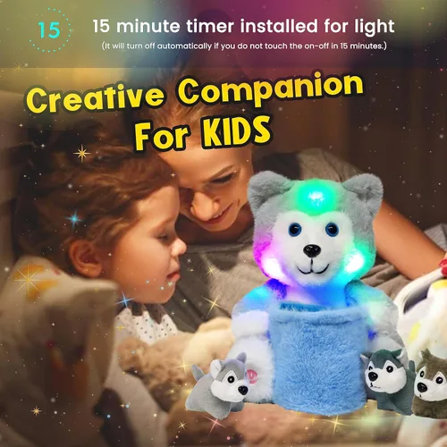 Vista 7 de Hopearl Husky de peluche LED con cubo extraíble que ilumina tu mamá y perro con 3 cachorros en la cesta, juego de animales de peluche disquetes