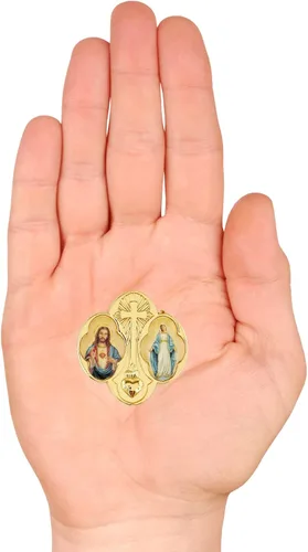 Vista 3 de Pin de solapa con corazón sagrado y milagroso para mochila, chaqueta o sombrero, medalla de cruz de tono dorado, joyería cristiana, regalo religioso