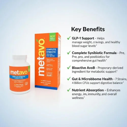 Vista 2 de Metavo Complete Synbiotic - GLP-1 Support Pre+Pro+Postbióticos 60 cápsulas vegetales 7 cepas, 4 mil millones de UFC Apoyo para la salud