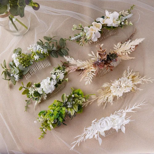Vista 6 de Peineta de flores para novia - Peineta de flores blancas hecha a mano para accesorios florales para el cabello de boda para novia, dama de honor