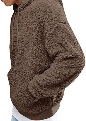 Vista 6 de JUNGE Sudadera con capucha de sherpa para hombre, de manga larga, con bolsillo frontal, para otoño, invierno, con capucha