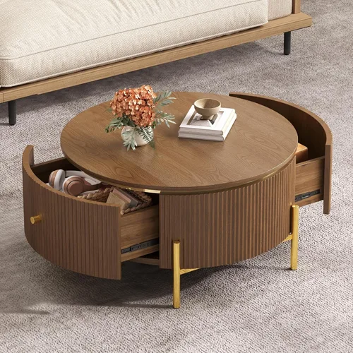 Vista 24 de Mesa de café redonda, mesa de café moderna de 31.5" con 2 cajones grandes de almacenamiento, tapa de mesa con patrón de mármol, mesa central