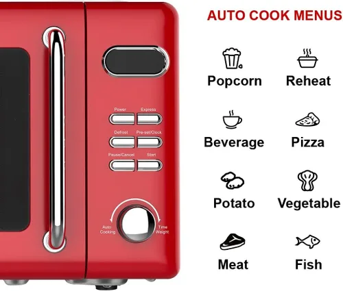 Vista 4 de Emerson MWR7020RD Horno Microondas Compacto Retro de Encimera con Control de Botones, Pantalla LED, 700W 5 Niveles de Potencia, 8 Menús Automáticos