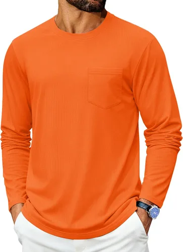 Vista 9 de Cotrasen Camisetas de manga larga para hombre de algodón con cuello redondo, camisetas T con bolsillo que absorben la humedad, suaves, cómodas