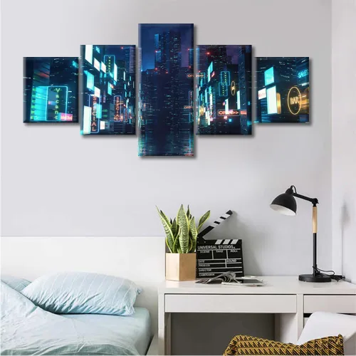 Vista 4 de Cuadros de 5 paneles de Cyberpunk City, arte de pared, representación de vallas publicitarias, edificios modernos en la capital con obras de arte