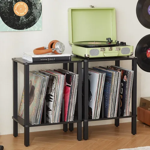 Vista 10 de LELELINKY Soporte para tocadiscos de 2 niveles con almacenamiento de discos de vinilo hasta 100 álbumes, soporte para discos de dormitorio y mesa