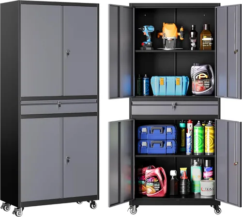 Vista 35 de SISESOL Gabinete de almacenamiento de metal ancho y profundo con ruedas, gabinete de almacenamiento de garaje alto rodante con cerradura, gabinetes