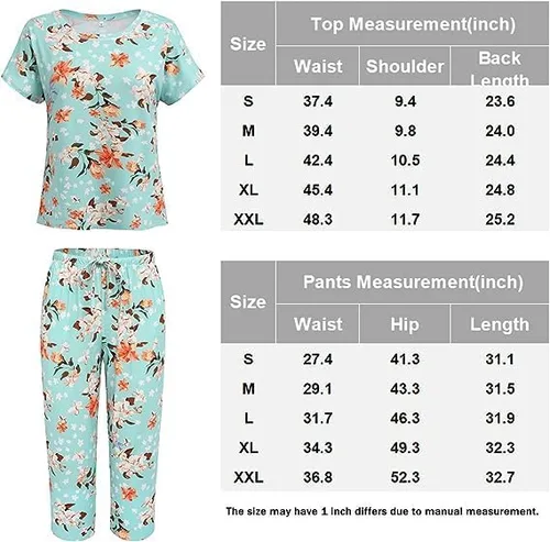 Vista 5 de Ekouaer Paquete de 2 pijamas de manga corta para mujer, ropa de dormir y pantalones capri, conjuntos de pijama estampados con bolsillos S-XXL