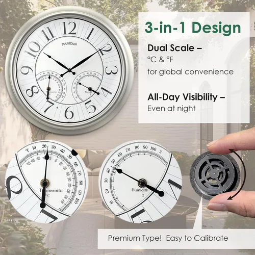 Vista 4 de Reloj iluminado para interiores y exteriores de 18 pulgadas con sensor inteligente y luz nocturna, impermeable, reloj de pared grande con termómetro