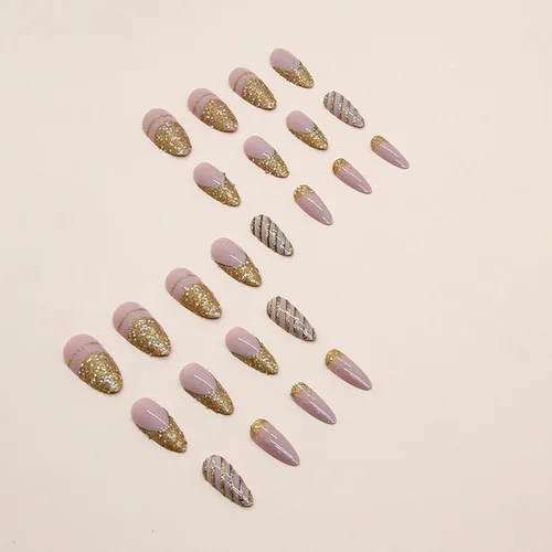 Vista 2 de Uñas postizas acrílicas de almendra a presión con rayas doradas, cobertura completa, ataúd reutilizable, uñas postizas brillantes, uñas adhesivas