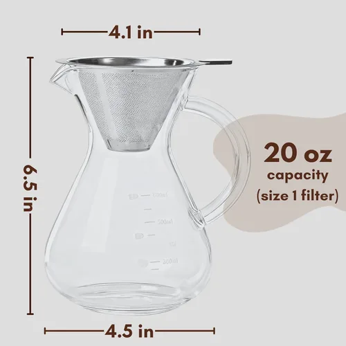 Vista 2 de Cafetera vertida, jarra de vidrio de borosilicato de 20 onzas (20.3 fl oz), filtro de acero inoxidable reutilizable, gotero sin papel