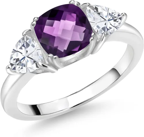 Vista 40 de 925 Sterling Silver Gemstone Birthstone and White Moissanite 3-Stone Engagement Ring for Women 7MM Cushion and 5MM Trillion Accents Three Stone