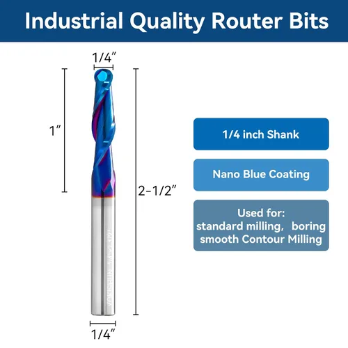 Vista 2 de Brocas de fresadora CNC de vástago de 1/4 pulgadas de carburo con punta de bola con revestimiento nano azul para fresado lateral, fresado