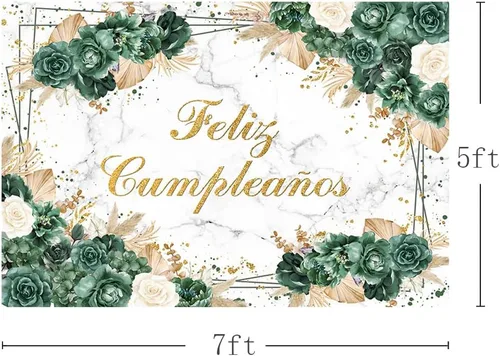 Vista 3 de MEHOFOND Telón de fondo bohemio de cumpleaños de 7 x 5 pies para niñas, fiesta mexicana, decoración de fiesta de feliz cumpleaños, fondo verde