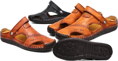Vista 5 de Sandalias de cuero con punta cerrada para hombre, sandalias de pescador casuales para caminar al aire libre, zapatos de playa, Negro