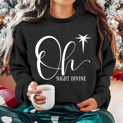 Vista 3 de Sudadera Oh Night Divine para mujer, manga larga, cuello redondo, forro polar, sin botones, estampado de letras, de gran