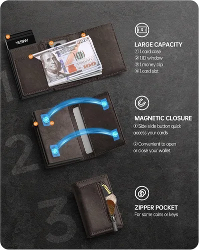 Vista 4 de YESIIW Billetera Airtag para hombre con clip para dinero, K4- Café (soporte AirTag)