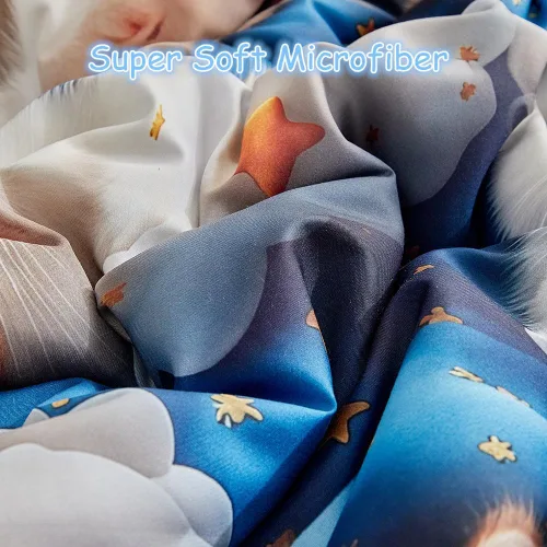 Vista 4 de Juego de edredón individual para niños y niñas, edredón de gato de 3 piezas con 2 fundas de almohada, juego de ropa de cama individual de gatito