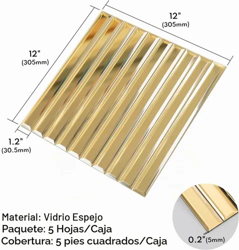 Vista 2 de Lovdeco - Tiras de espejo dorado para pegar y despegar para salpicadero de cocina y pared de baño, 30,5 x 30,5 cm, 5 piezas, 0,46 m².