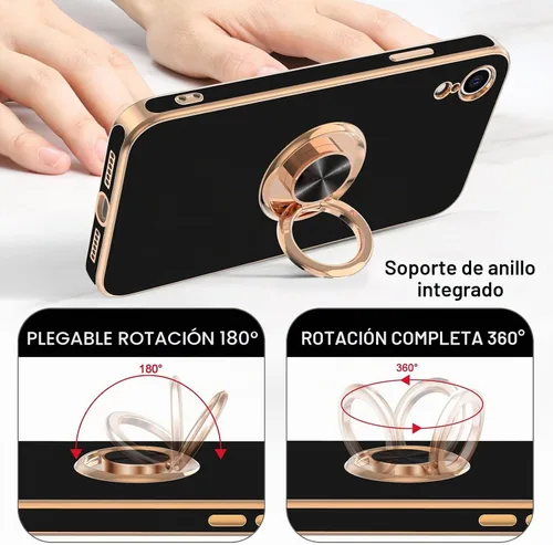 Vista 4 de Hython Funda para iPhone XR con soporte de anillo [soporte de anillo giratorio de 360° con soporte magnético] chapado en oro rosa brillante borde
