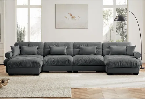 Vista 18 de Reposapiés Otomano Tapizado de Terciopelo con Cojín para Sofá Seccional Sofá 300 libras para Sala de Estar (Beige)