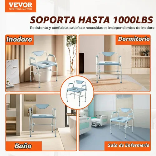 Vista 2 de VEVOR - Asiento elevado para inodoro, altura ajustable con 5 niveles, diseño de brazo abatido, respaldo desmontable, cubo fácil de limpiar de 7L