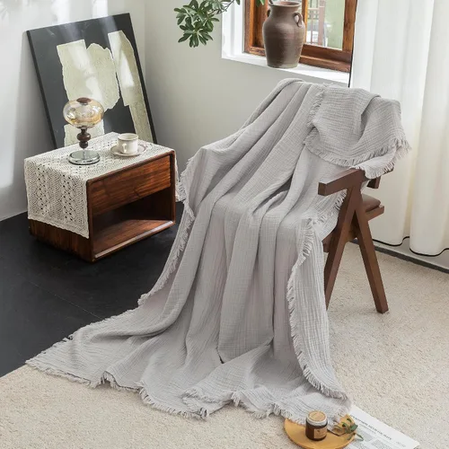 Vista 70 de FOSSA Manta de Muselina con Flecos - Gasa de Algodón 100% de 4 Capas Súper Suave y Transpirable - Manta Decorativa Ligera y Refrescante para Cama