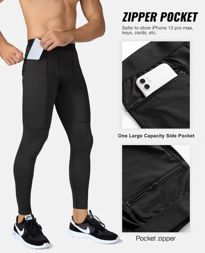 Vista 2 de Pantalones de compresión para hombre, mallas con bolsillos, para deportes de secado fresco, mallas atléticas para baloncesto y correr