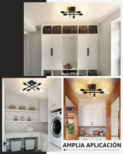 Vista 3 de Lámpara de techo semiempotrada de 6 luces, moderna lámpara Sputnik negra, lámpara de techo de granja E26, lámpara de techo para cocina, dormitorio
