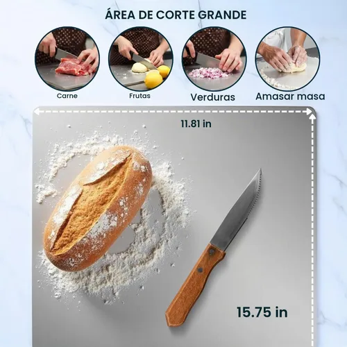 Vista 3 de Tabla de cortar de acero inoxidable para cocina, grado alimenticio 304, adecuada para carne, frutas, verduras y pan, tablas de cortar de gran