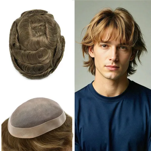 Vista 46 de Toupee de cabello humano fino mono revestido de poliéster para hombre, postizo de monofilamento duradero NPU monofilamento tupé para hombres