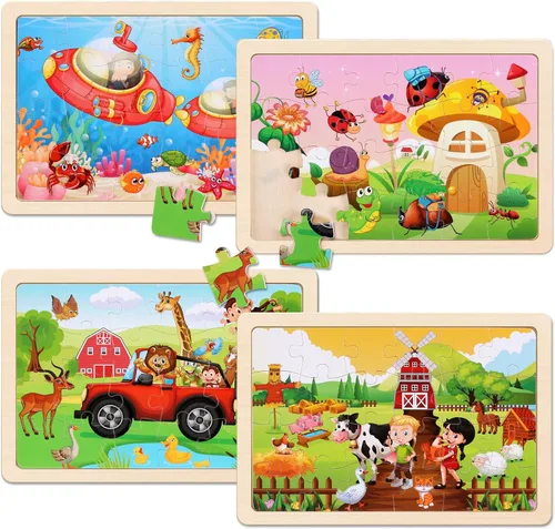 Vista 2 de Rompecabezas de madera para niños de 3 a 5 años, juego de 4 paquetes con 20 piezas de granja, rompecabezas de madera con temática de animales