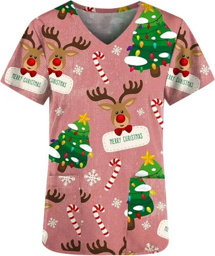 Vista 4 de Womens Merry Christmas Scrubs Fashion 2023 Christmas Apparel Stretchy Printed V-Neck Medical Scrub Tops Shirt Blouse