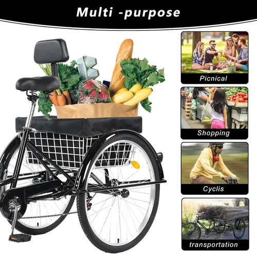 Vista 6 de Triciclo para adultos de 7 velocidades y 3 ruedas, bicicleta de 24 pulgadas con 3 ruedas para personas mayores, mujeres, hombres, crucero con cesta