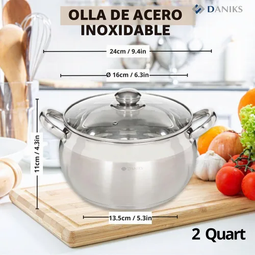 Vista 3 de Daniks Olla clásica de acero inoxidable de 2 cuartos de galón con tapa de vidrio, parte inferior de tres capas para calefacción uniforme, compatible