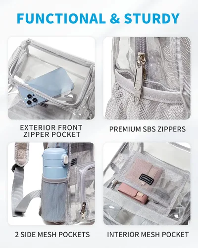 Vista 4 de Vorspack Mini mochila transparente – Mochila pequeña transparente aprobada para estadios de 12 x 12 x 6 pulgadas para mujer, Gris, Classic