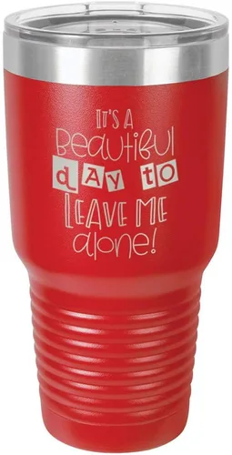 Vista 17 de Taza de viaje de acero con recubrimiento de polvo grabado por láser con grabado «It 'S A BEAUTIFUL DAY TO LEAVE ME ALONE» de 325 ml con campana
