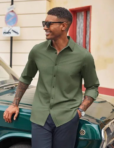 Vista 4 de COOFANDY Camisa de vestir casual de mezclilla con botones y manga larga para hombre