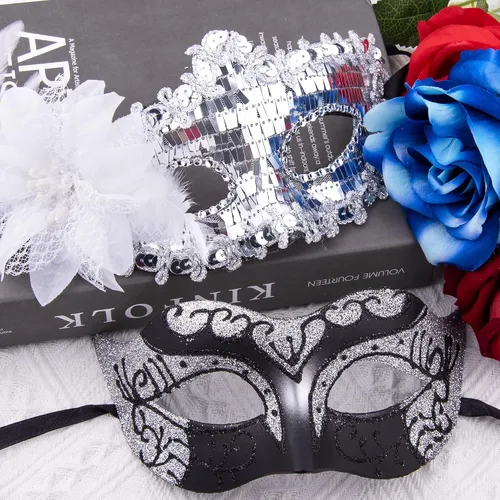 Vista 4 de SIQUK Juego de máscaras para parejas, máscara veneciana para fiesta
