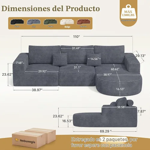 Vista 2 de Sofá seccional modular de 110", sofás de nube para sala de estar, sofá deshuesado con asiento profundo, sofá en forma de L con chaise, no requiere